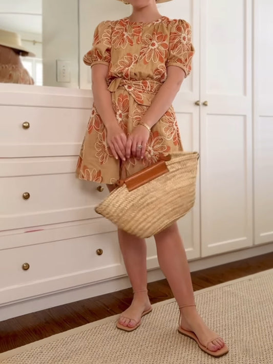 Embroidered Short Sleeve Belted Mini Dress