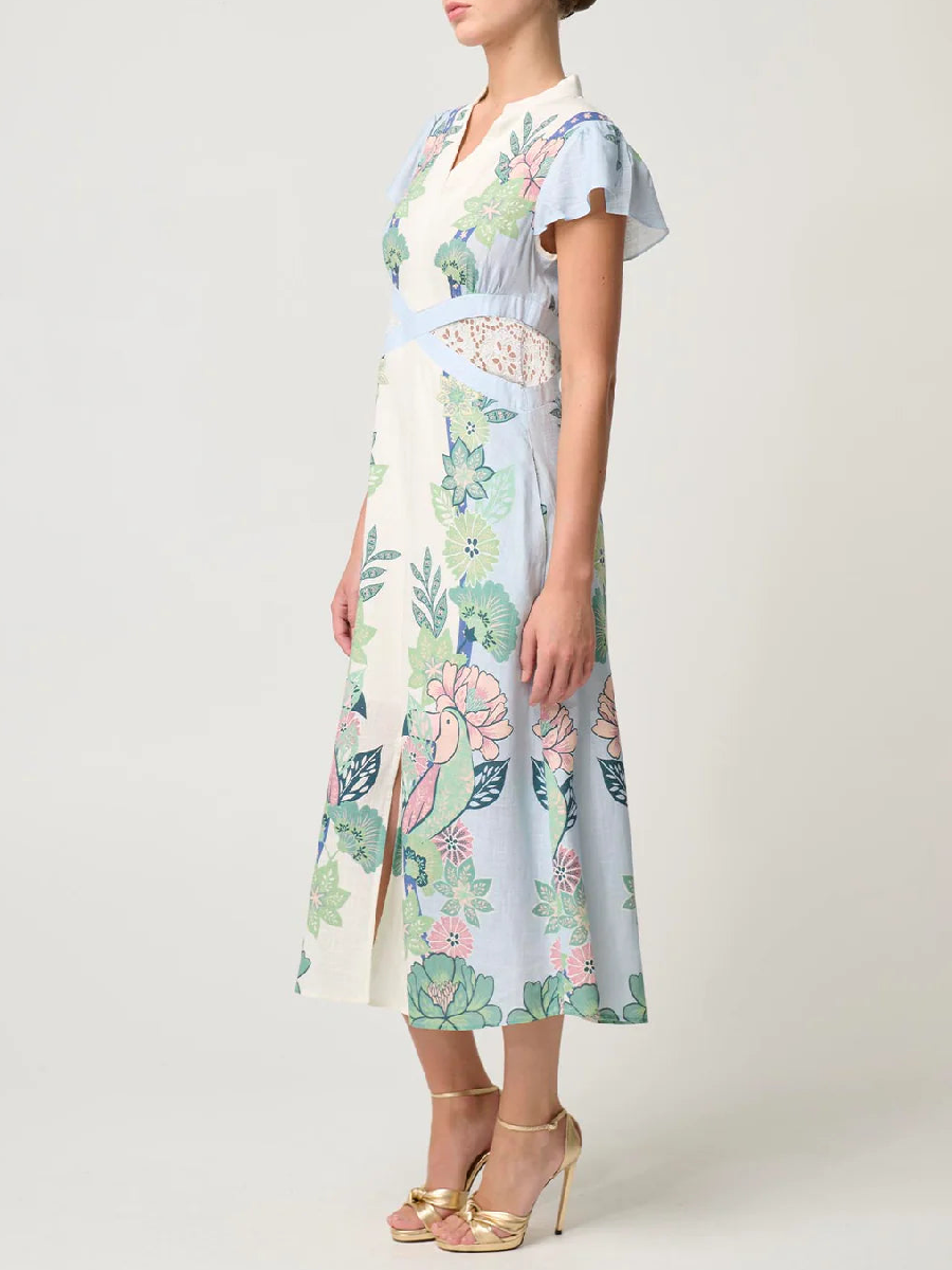 Linen Print Flowy Long Sleeve Dress