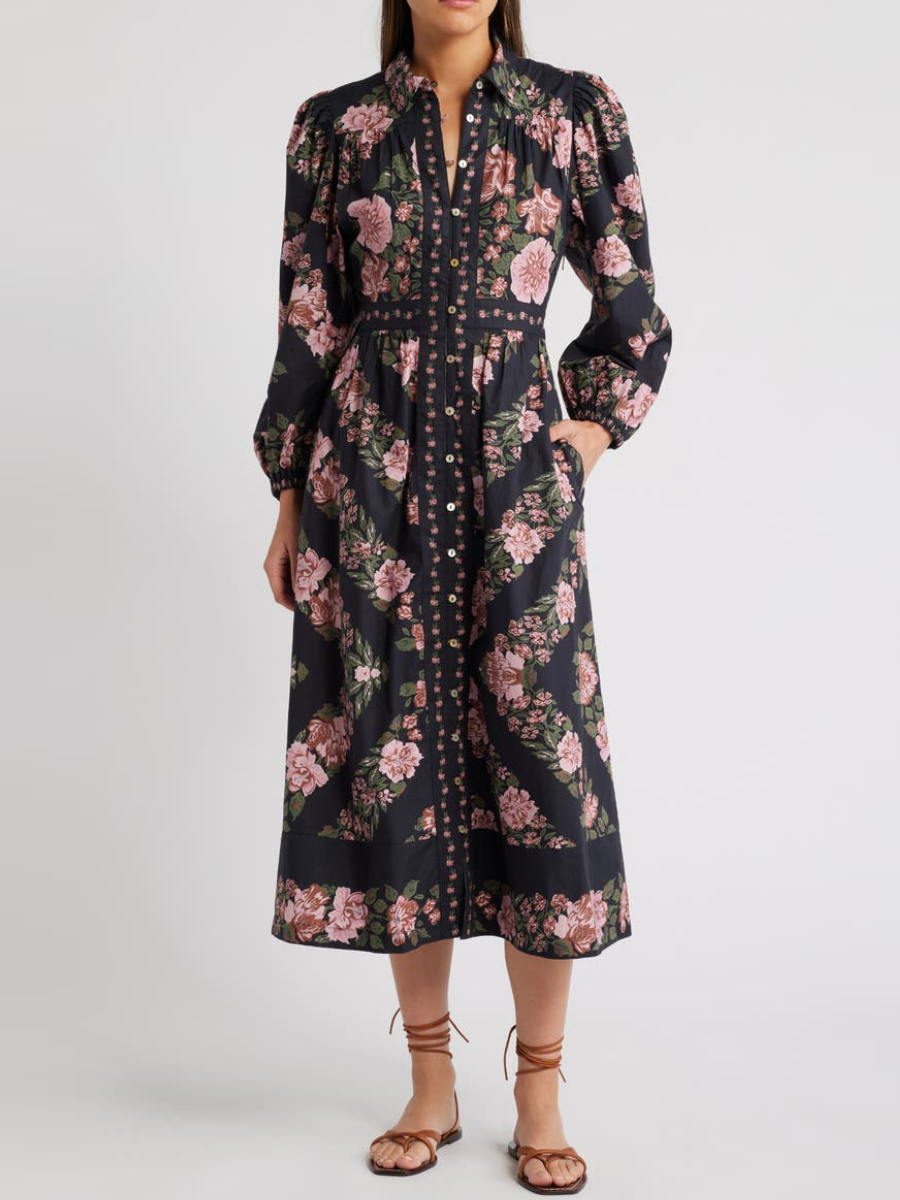 Floral Long Sleeve Organic Cotton Shirtdress