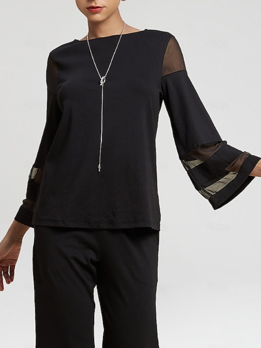 Chiffon Illusion Sleeve Crew Neck Two-Piece Set