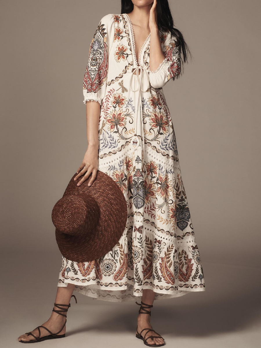 V-Neck Linen Blend Maxi Dress