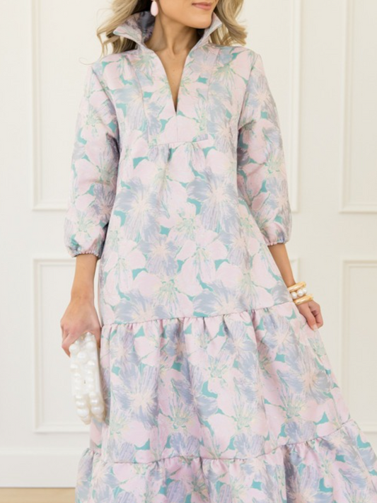 Pink/Teal Floral Enchantment Midi Dress