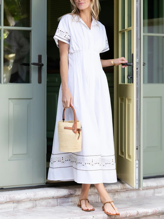 Cotton Embroidered Pleated Shirt Dress