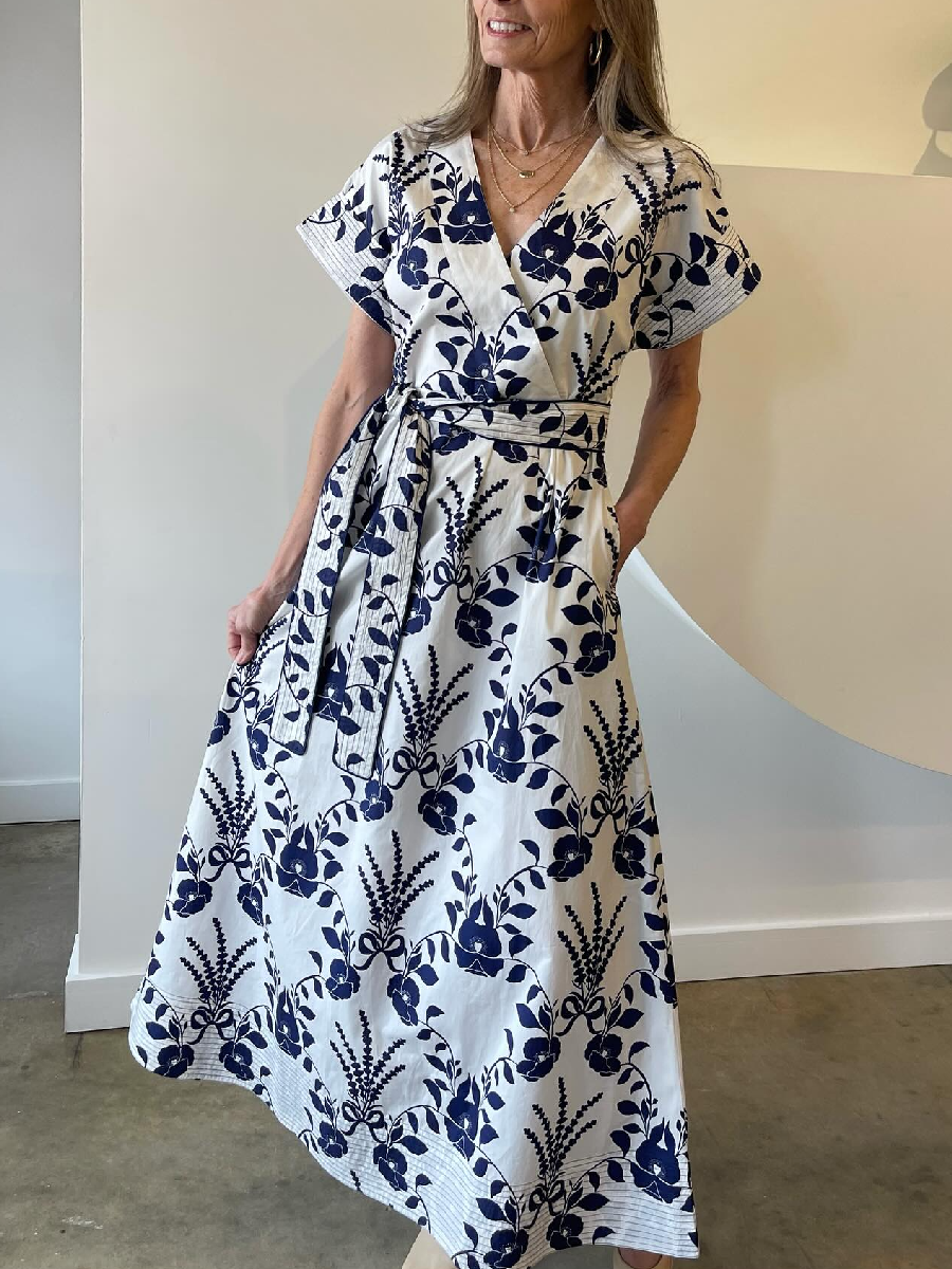 V Neck Poppy Print A-Line Dress