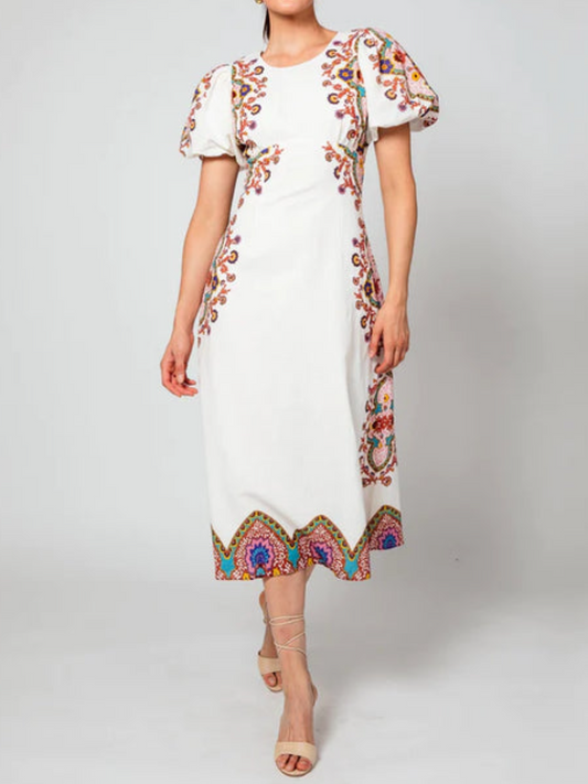 Puff Sleeve Linen Midi Dress