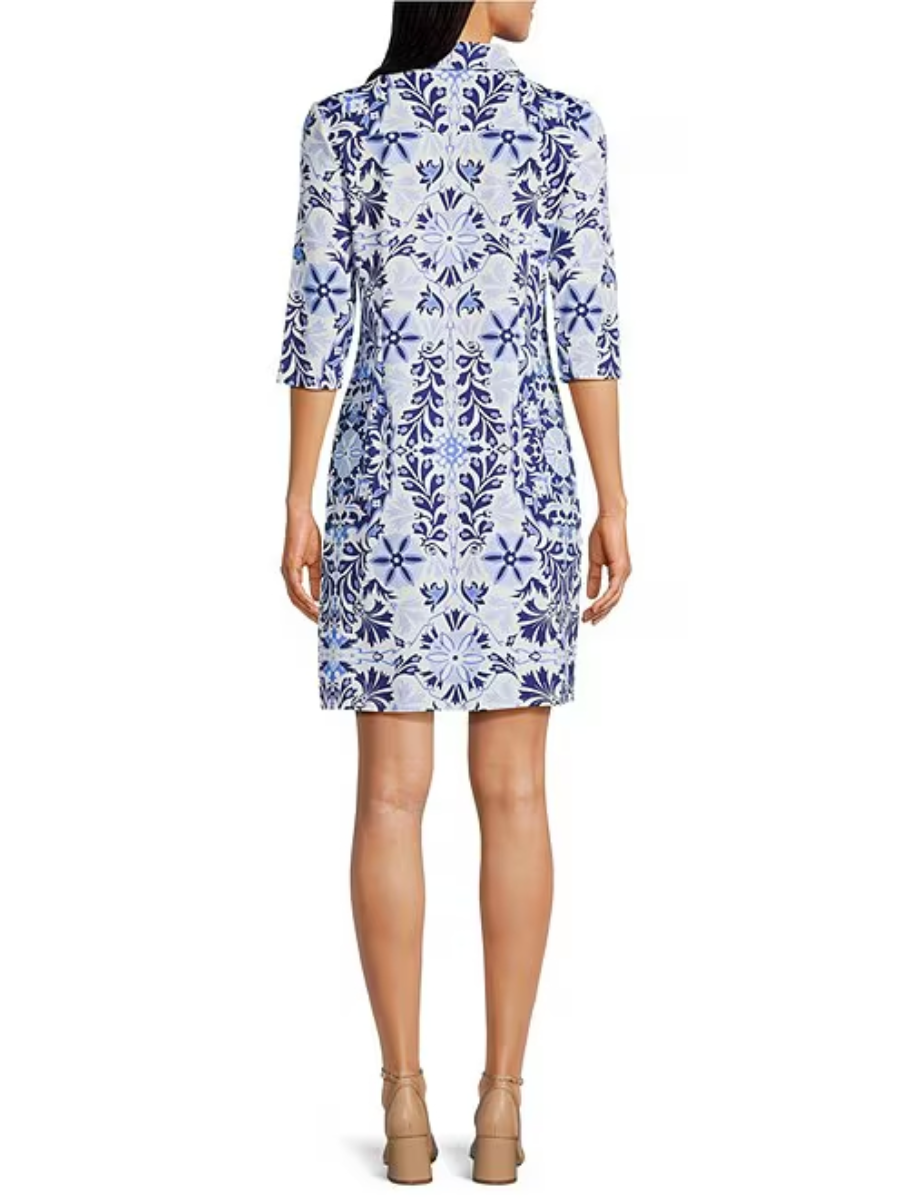 French Tile Print Point Collar Shirt Dress
