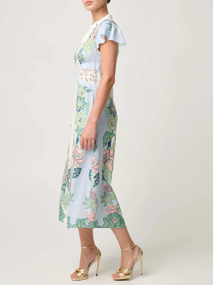 Linen Print Flowy Long Sleeve Dress
