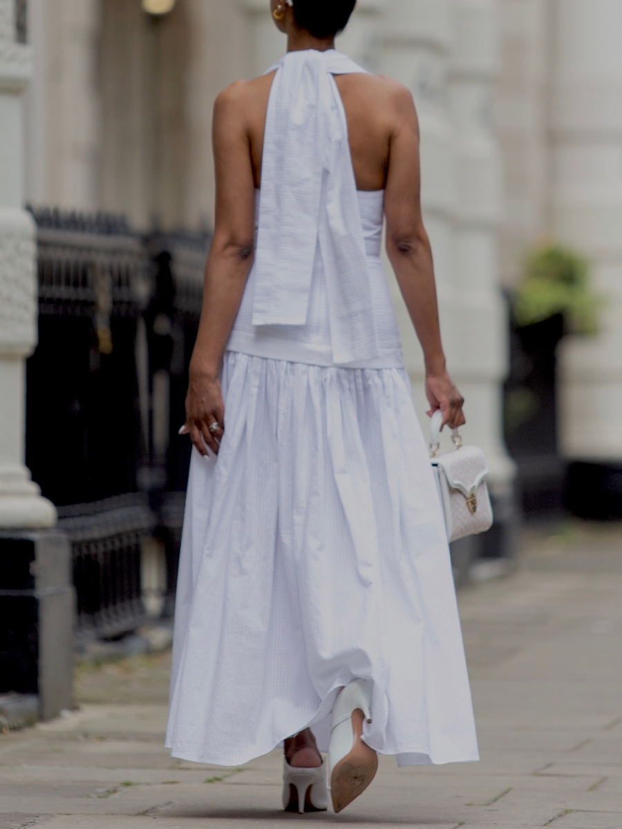 Tiered Checked Embroidered Cotton Halterneck Dress