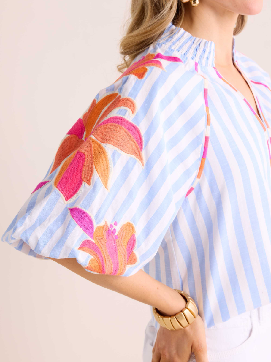 Floral Embroidered Striped Top