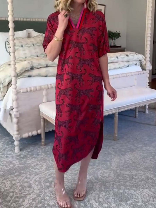 Stand Collar Printed Slit Hem Dress