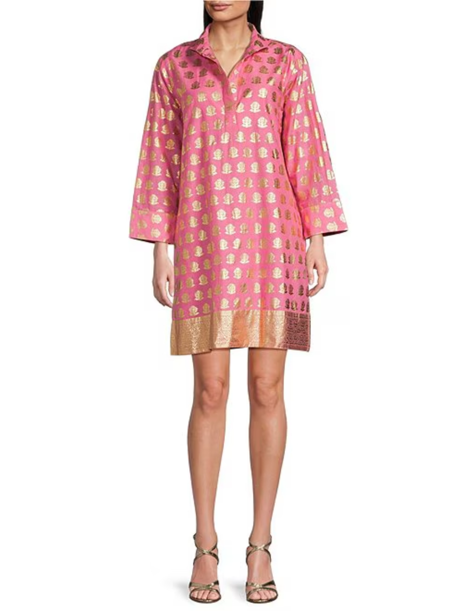 Foiled Foulard Border Print Stand Collar Dress