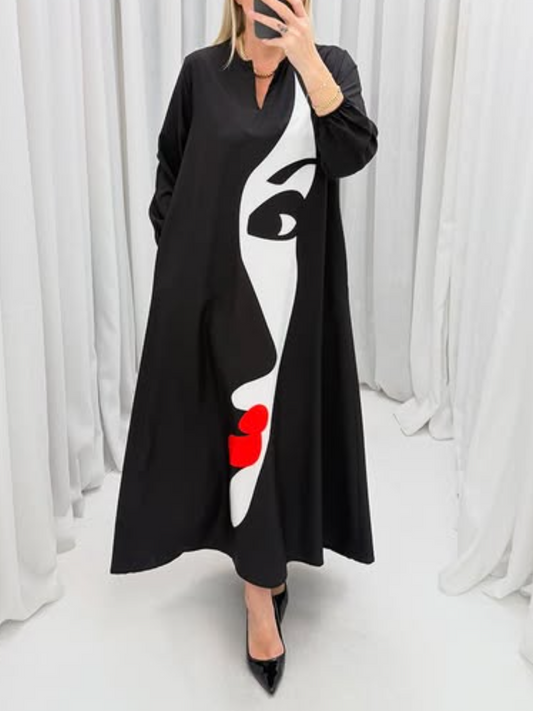 Long Sleeve V Neck Printed Pocket Dress