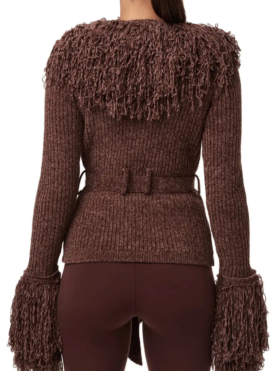 Fringe Tie Waist Deep V Neck Cardigan