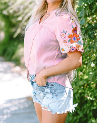 Adorable Embroidered Lantern Sleeve Top