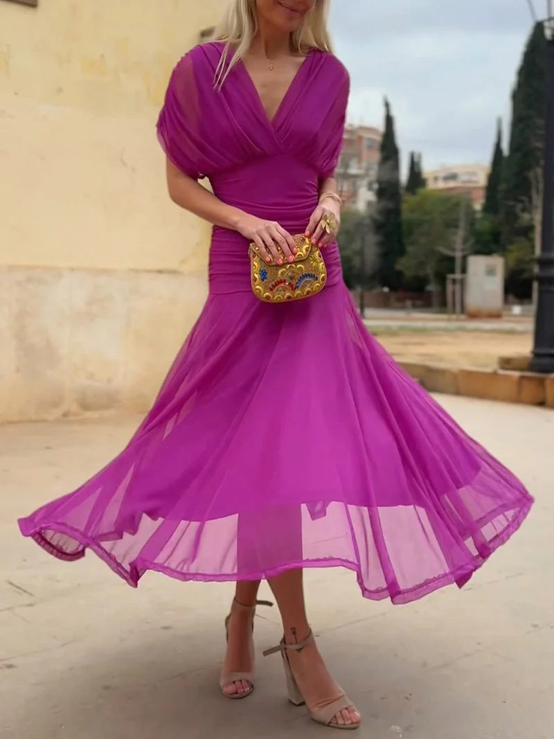 Elegant Floral Elastic Flowy Dress