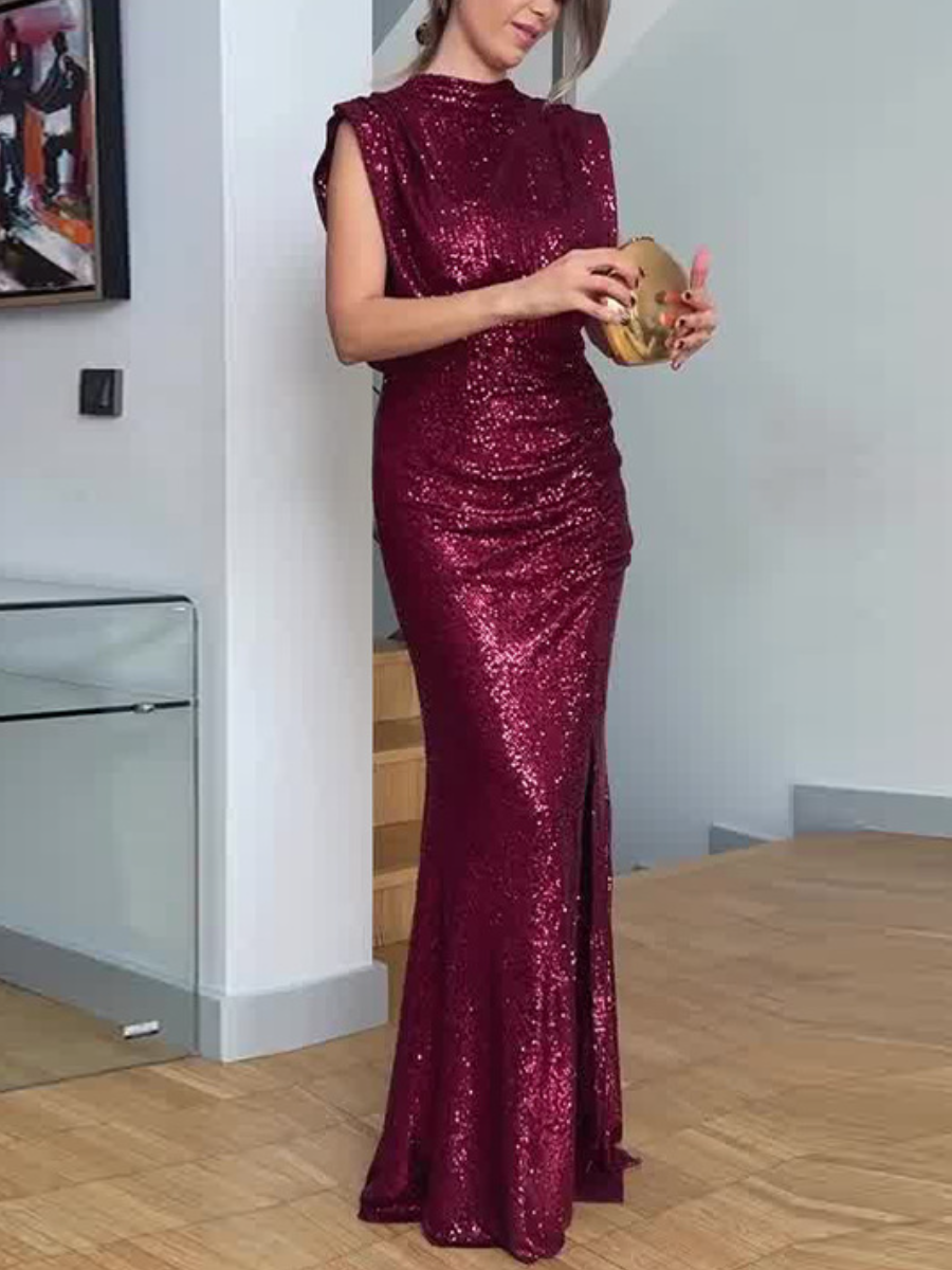 Burgundy Sleeveless Sequin Party Dress