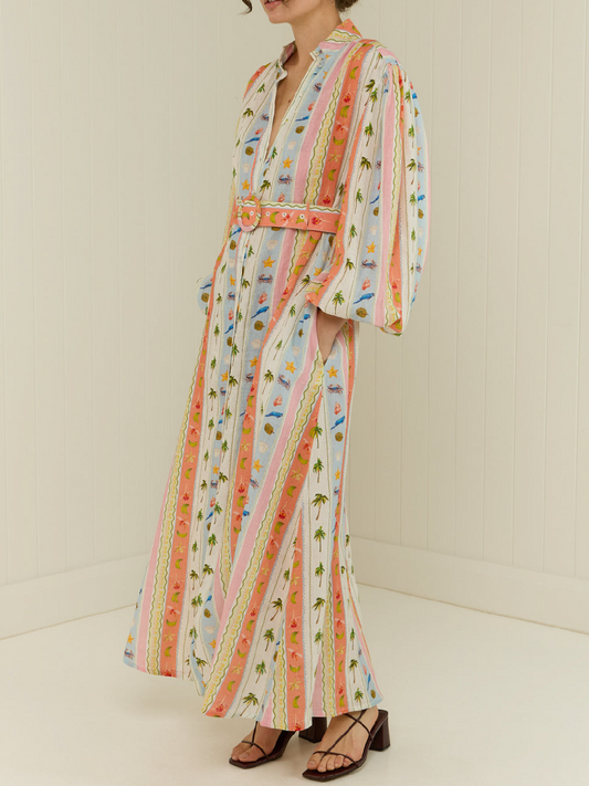 Tropical Stripe Print Linen Shirt Dress