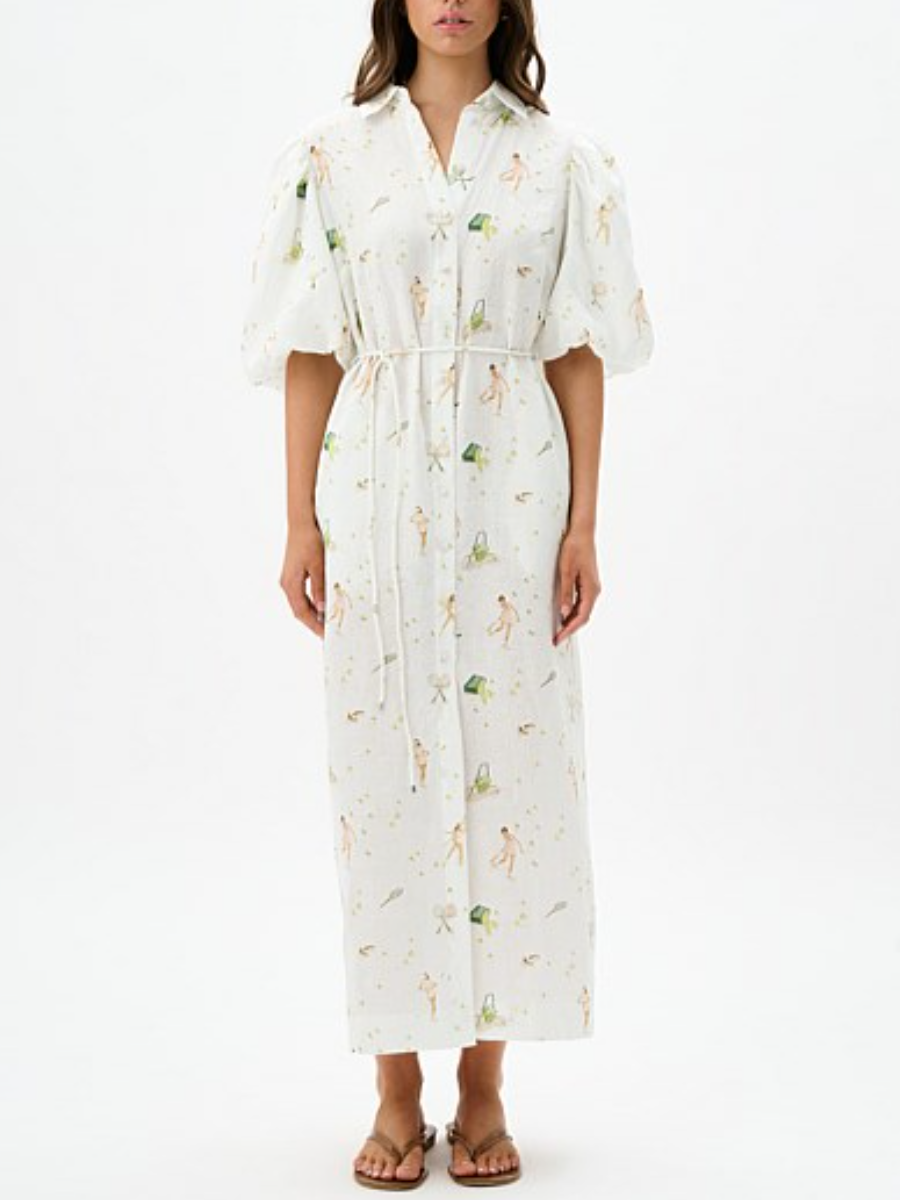 Puff Sleeve Printed Shirt Dress
