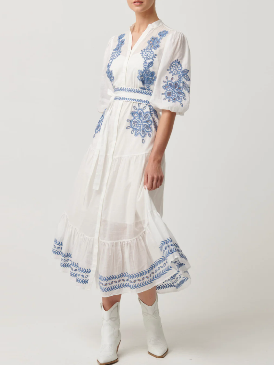 Embroidered Cotton Long-sleeved Dress