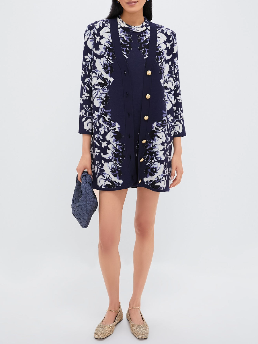 Indigo Reflection Knit Jacquard Marie Dress and Cardigan