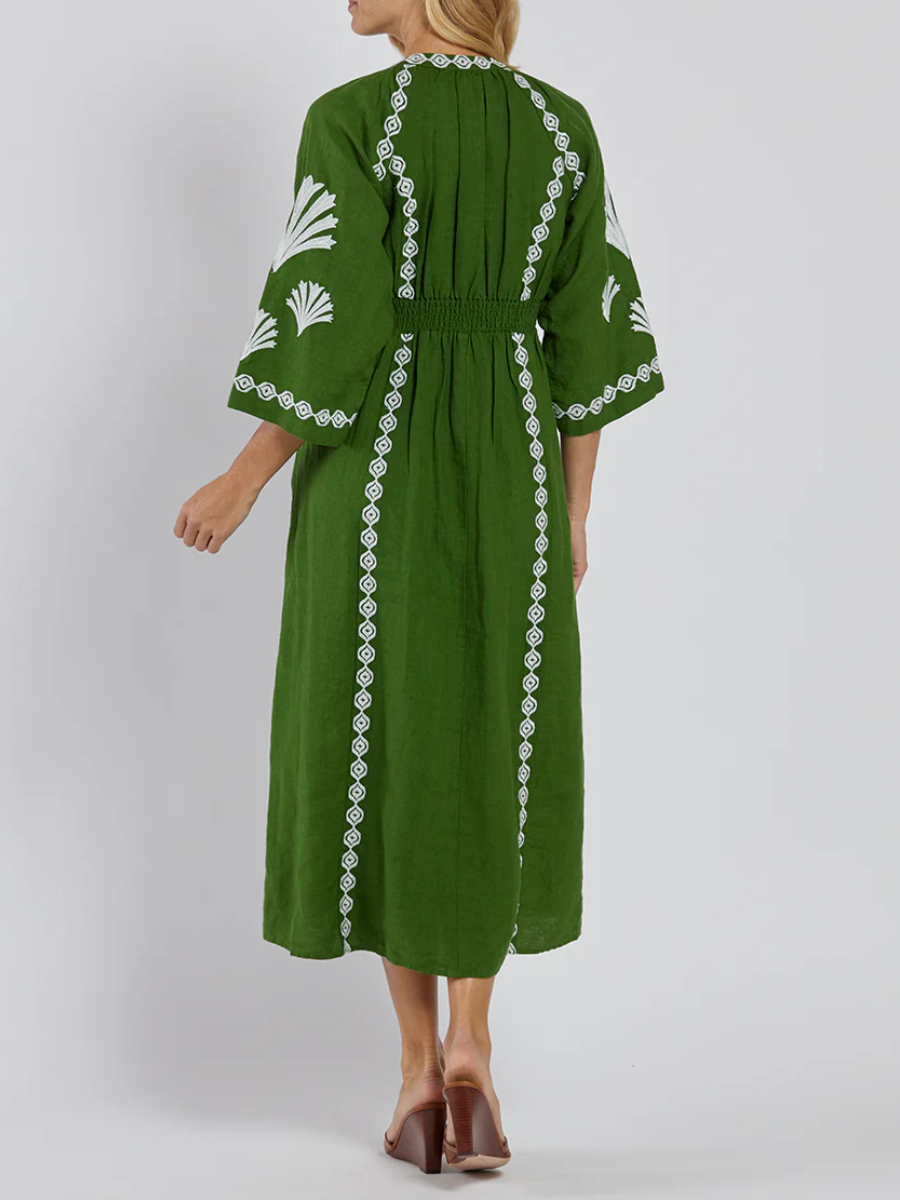 Cotton Linen V Neck Dress