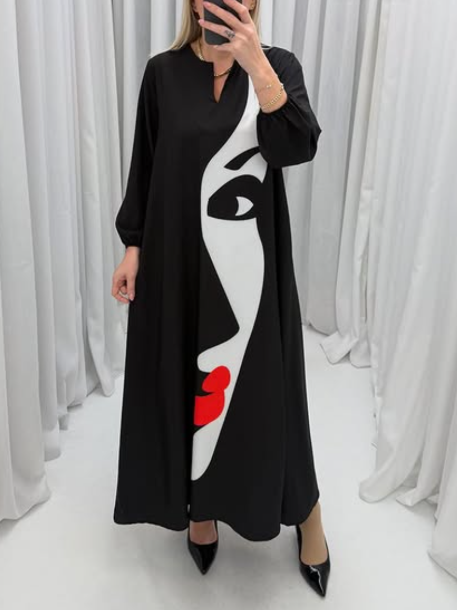 Long Sleeve V Neck Printed Pocket Dress