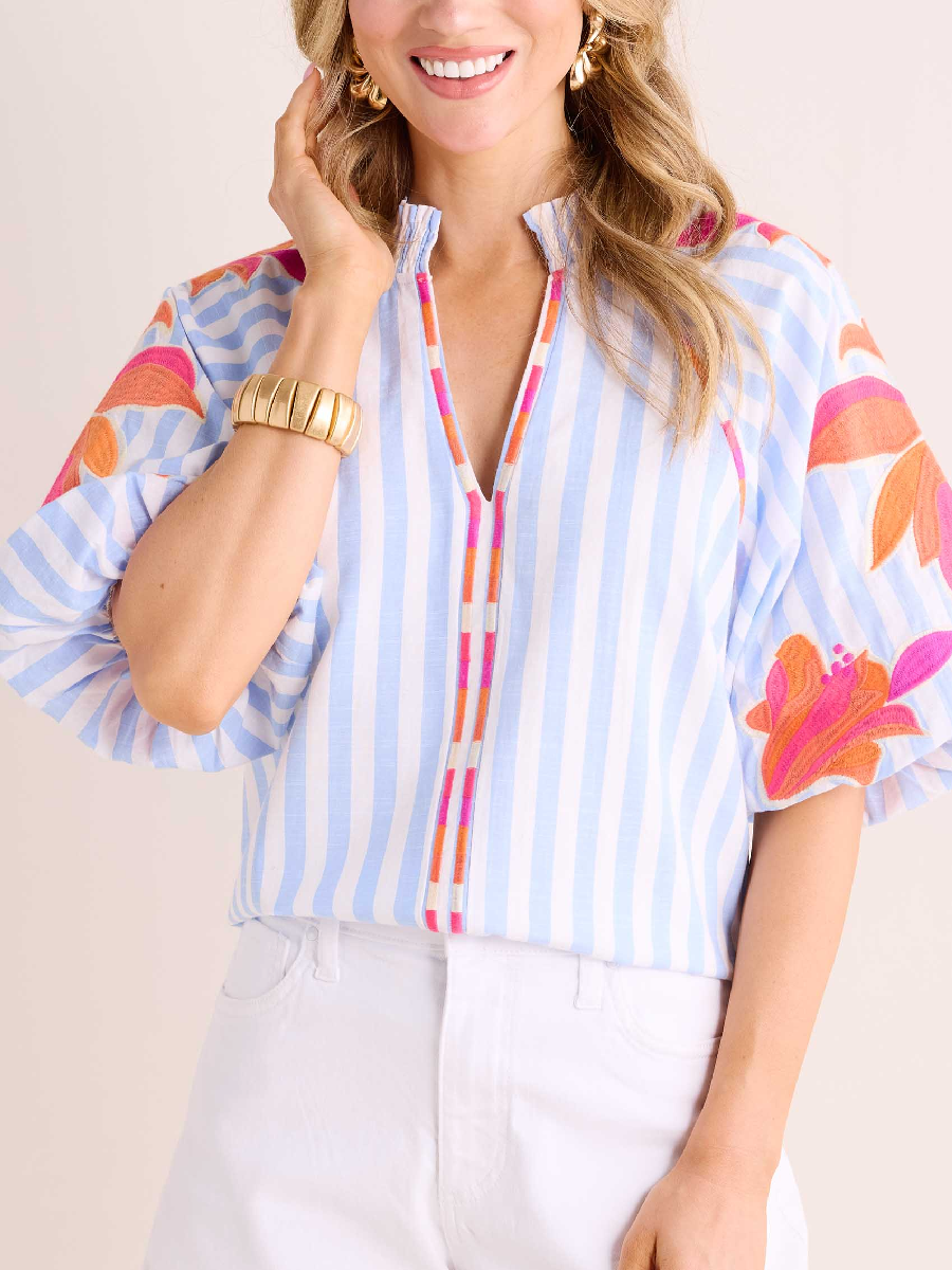 Floral Embroidered Striped Top