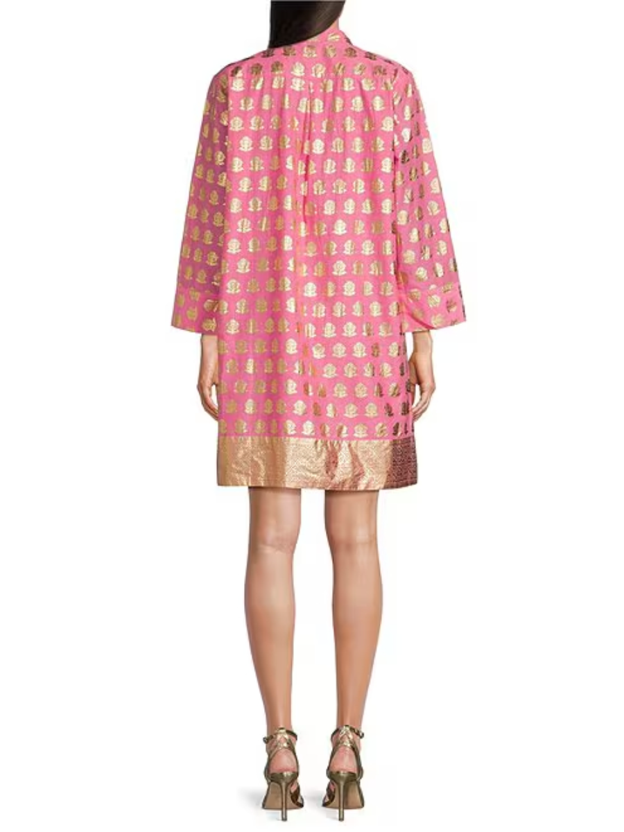 Foiled Foulard Border Print Stand Collar Dress