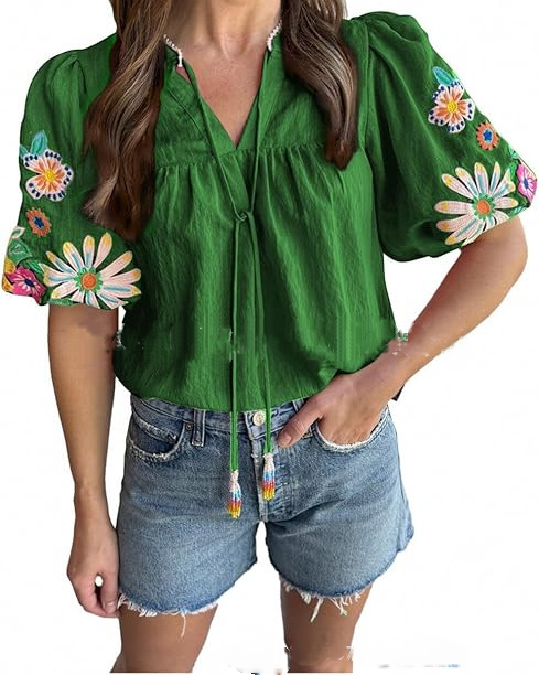 Adorable Embroidered Lantern Sleeve Top