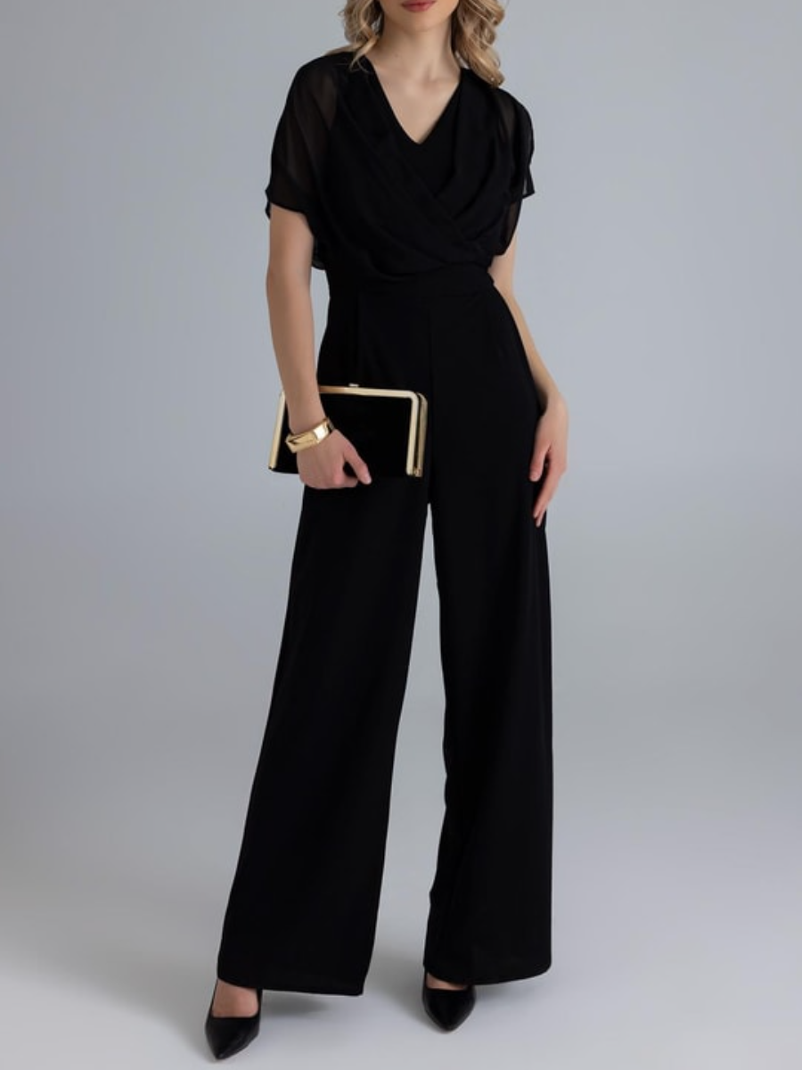 Chiffon V-neck Pleated Jumpsuit