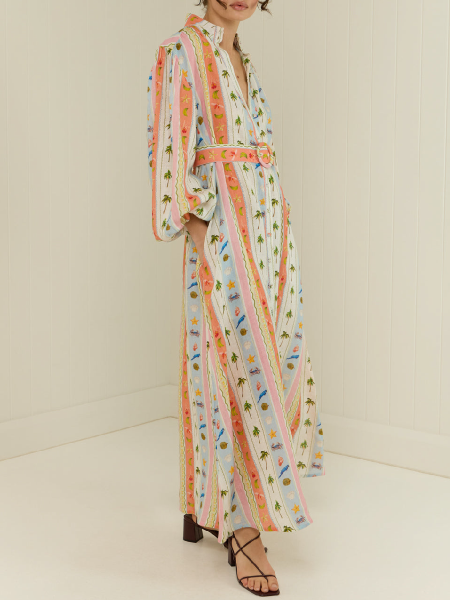 Tropical Stripe Print Linen Shirt Dress