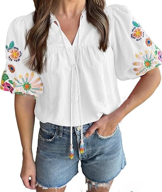 Adorable Embroidered Lantern Sleeve Top