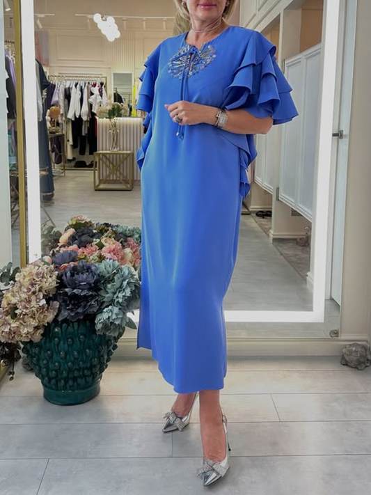 Rhinestone Side Slit Ruffle Sleeve Dress