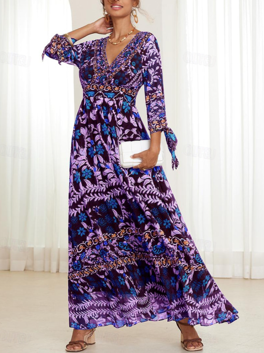 Floral Belted Front Slit Bohemian Dress