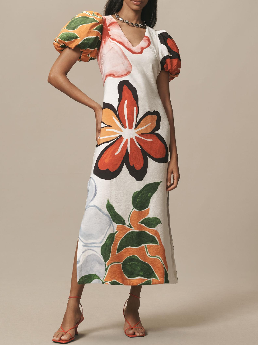 Puff-Sleeve A-Line Maxi Dress