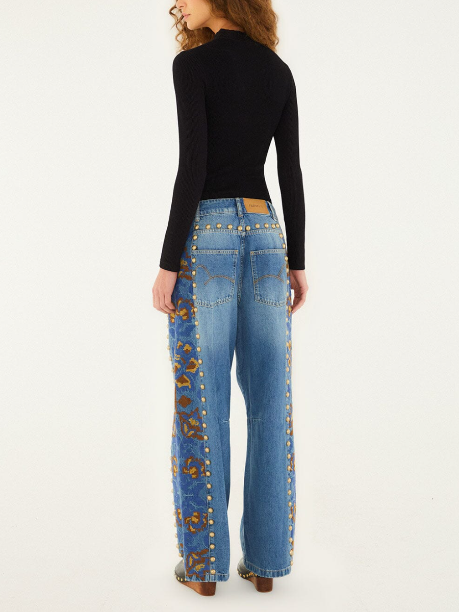 Denim Metal Details Embroidered Jacket and Pants