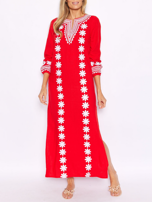 Embroidered V-neck Side Slits Dress