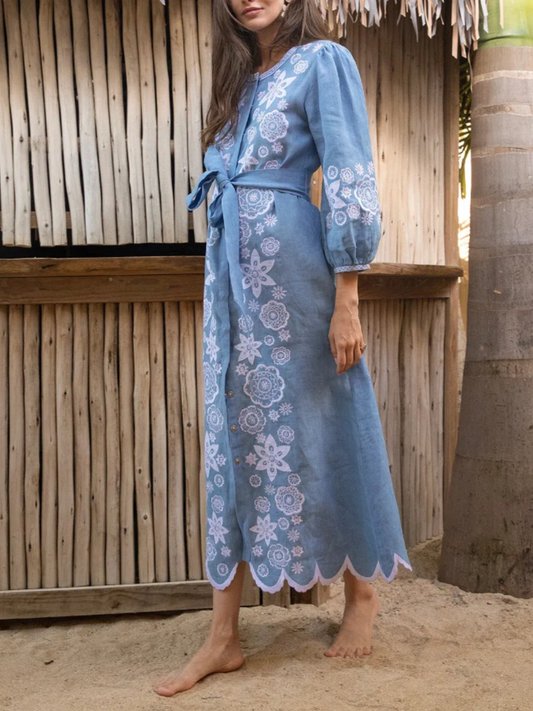 Elegant Linen Embroidered Dress