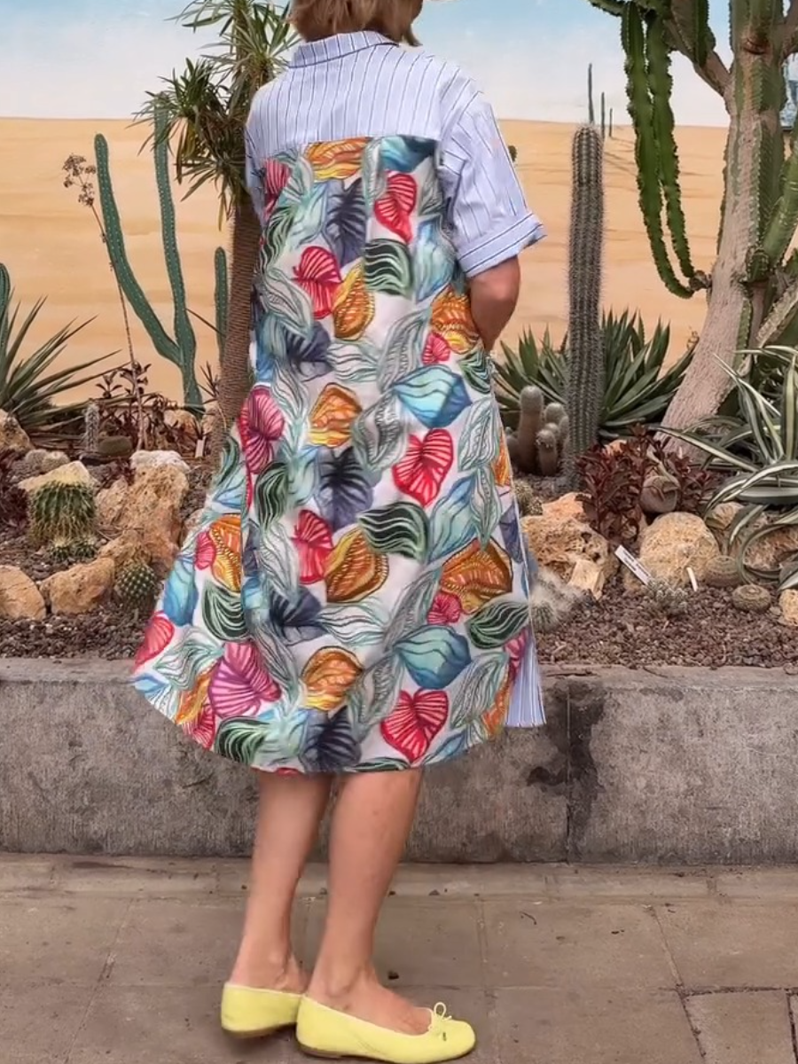 Striped Colorful Leaf Print Shirt Dress