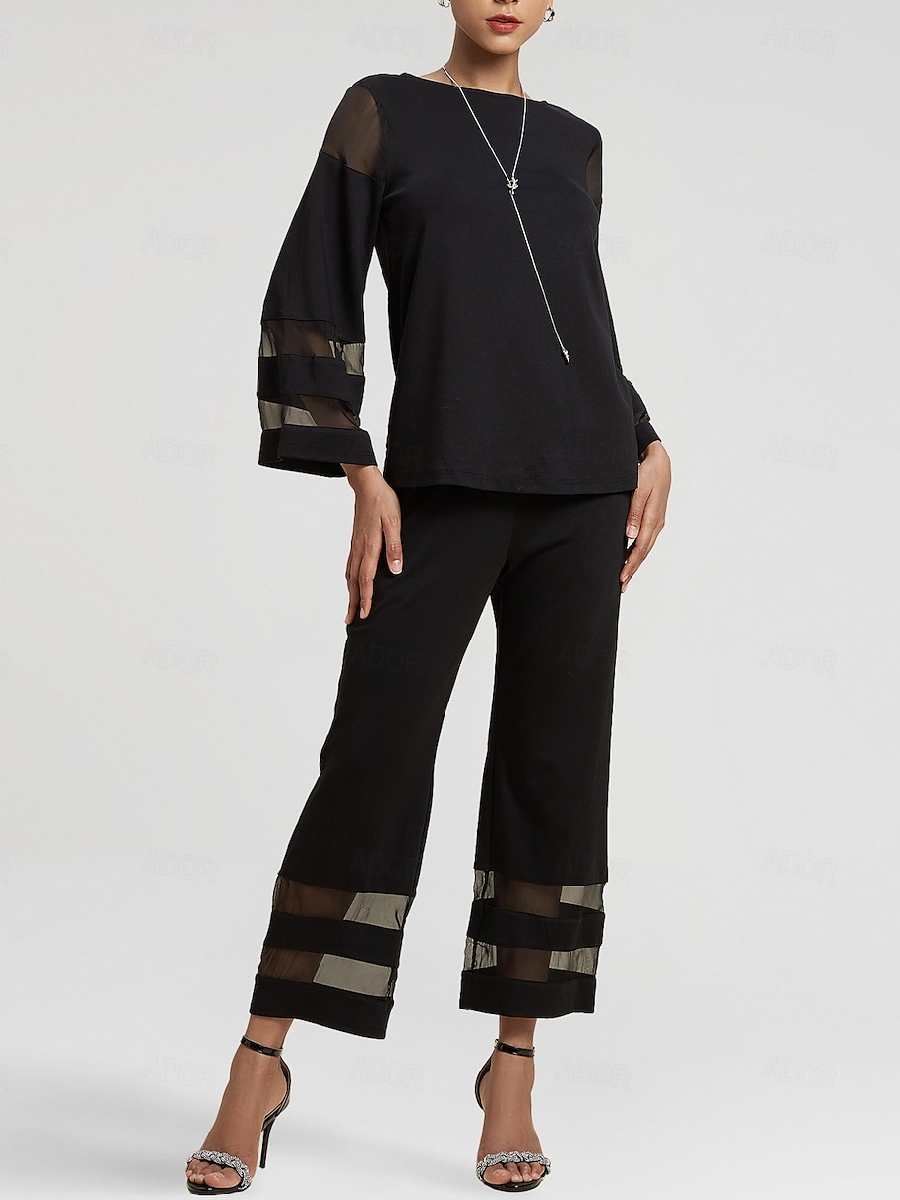 Chiffon Illusion Sleeve Crew Neck Two-Piece Set