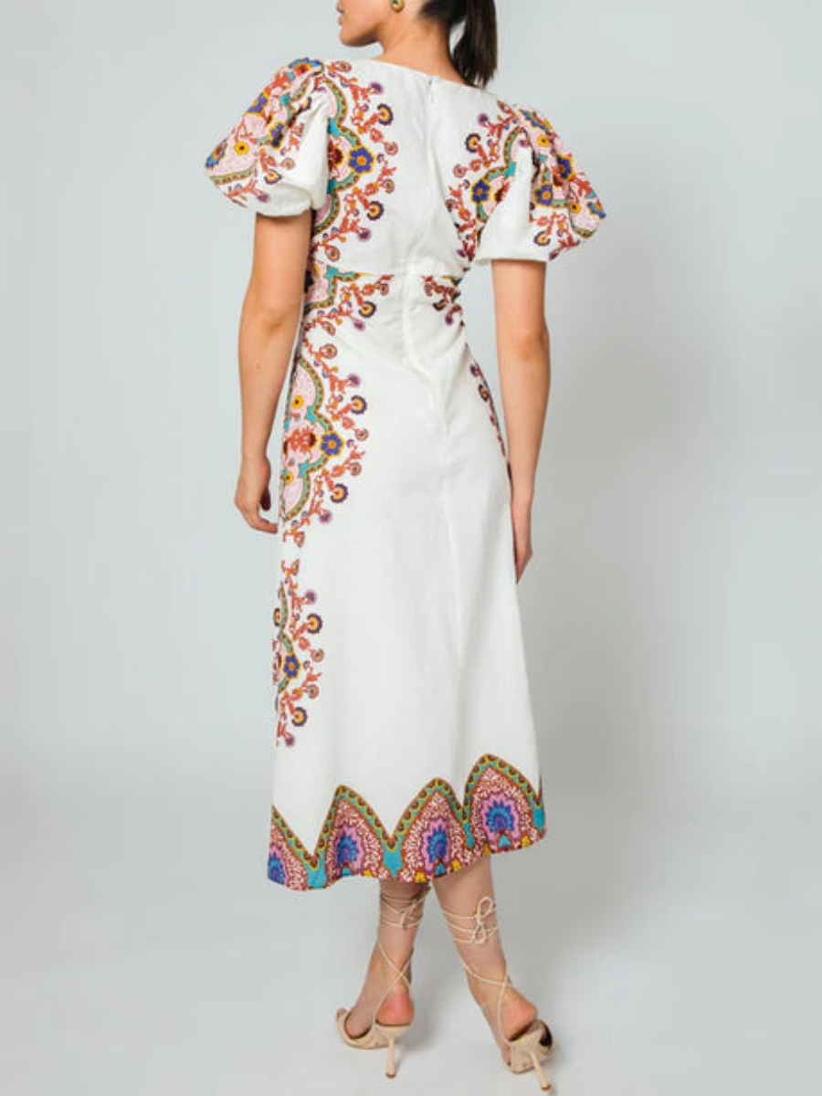 Puff Sleeve Linen Midi Dress