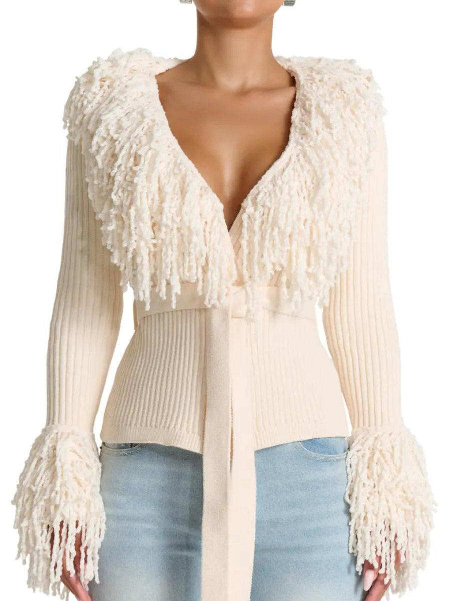 Fringe Tie Waist Deep V Neck Cardigan