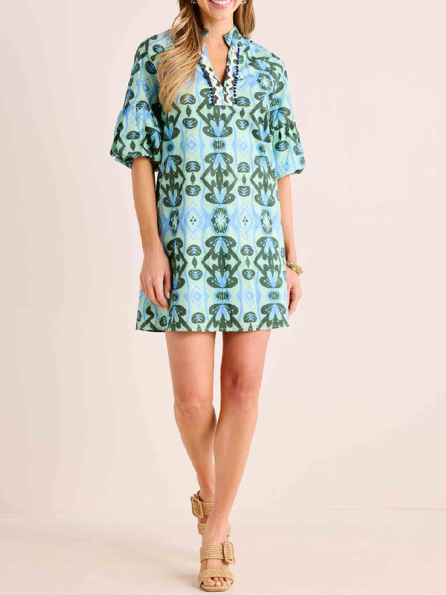 V-neck Printed Puff Sleeve Dress