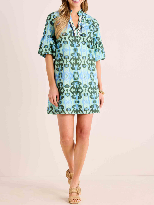 V-neck Printed Puff Sleeve Dress