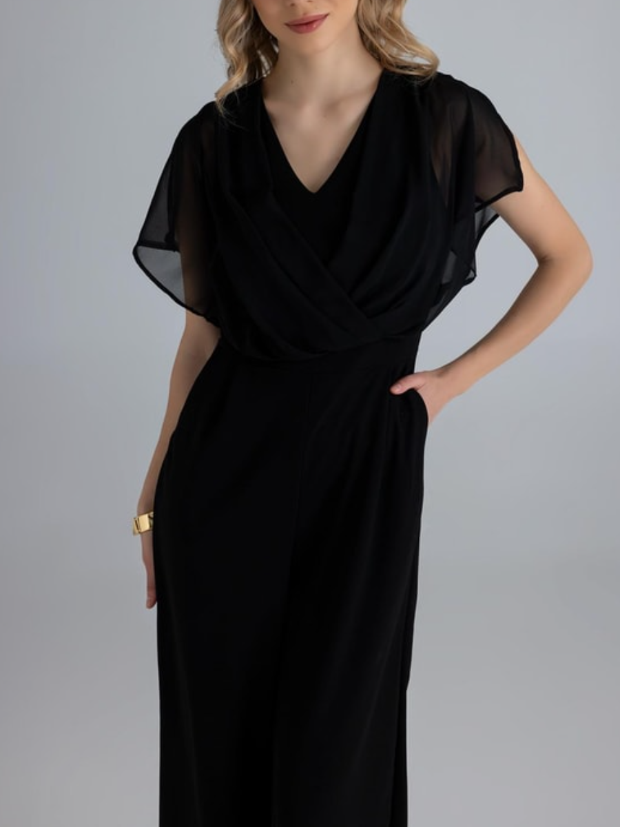 Chiffon V-neck Pleated Jumpsuit
