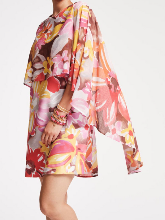 Chiffon Sun Floral Mini Cape Dress