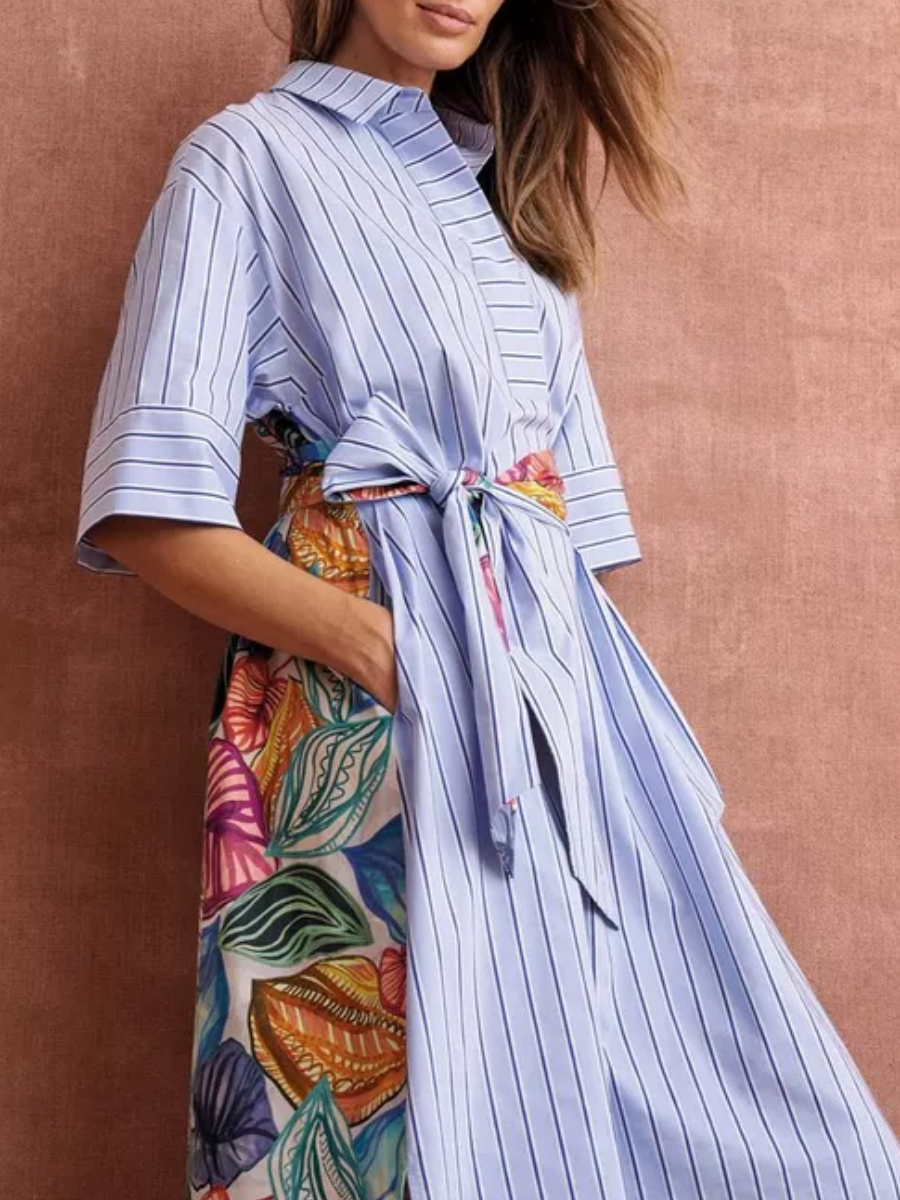 Striped Colorful Leaf Print Shirt Dress