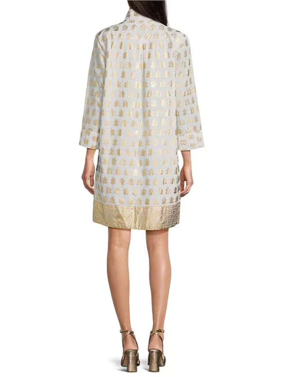 Foiled Foulard Border Print Stand Collar Dress