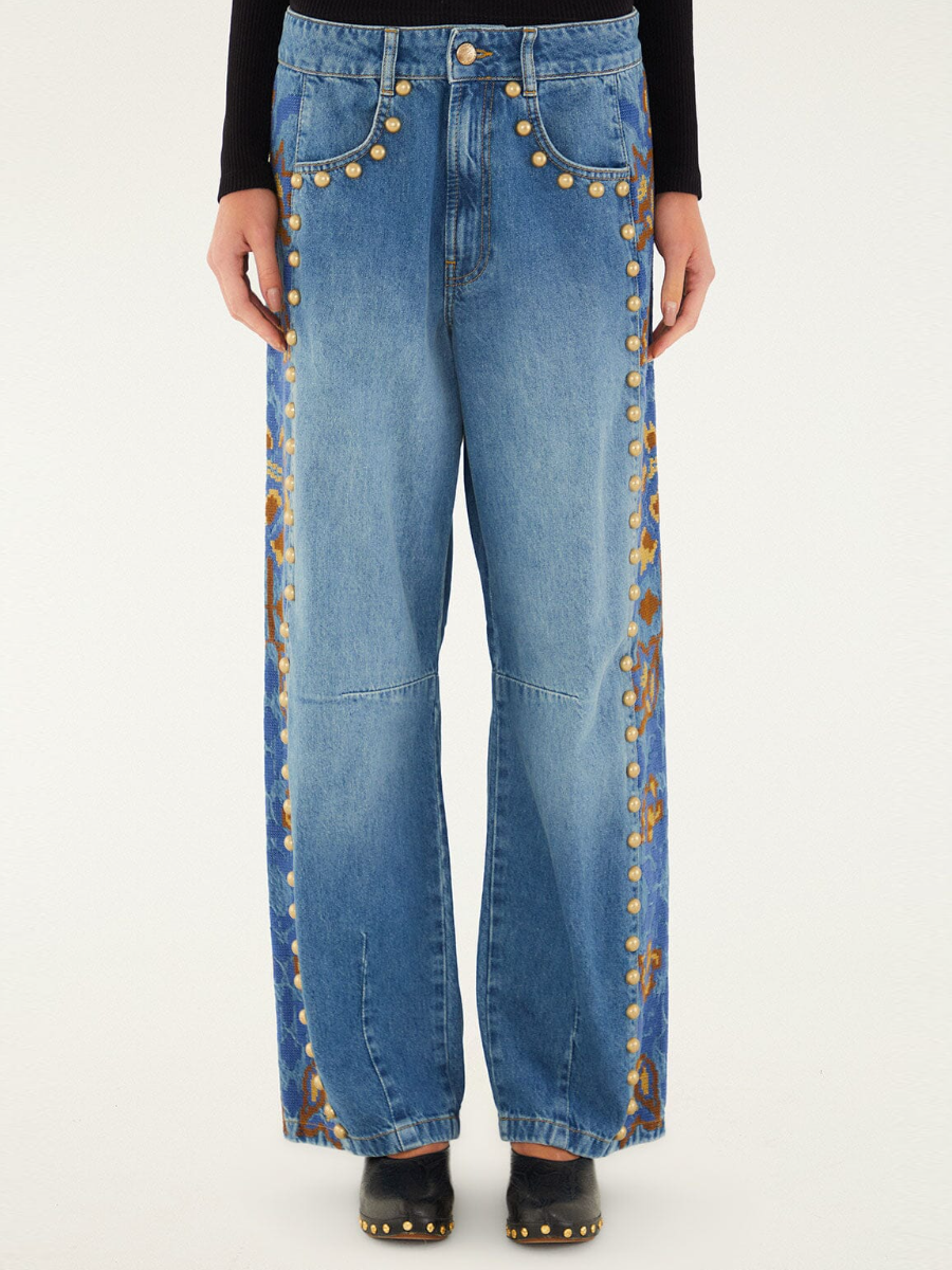 Denim Metal Details Embroidered Jacket and Pants