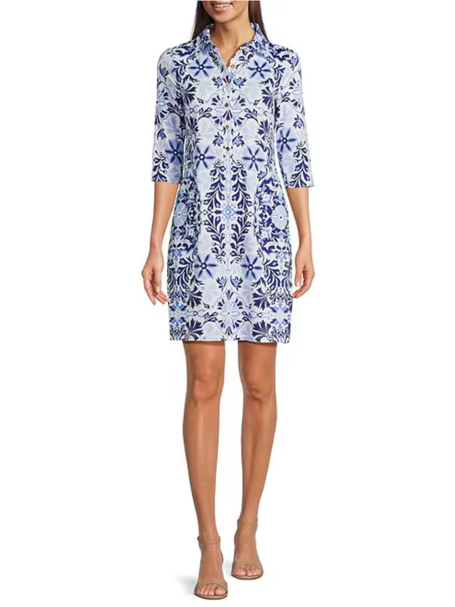 French Tile Print Point Collar Shirt Dress